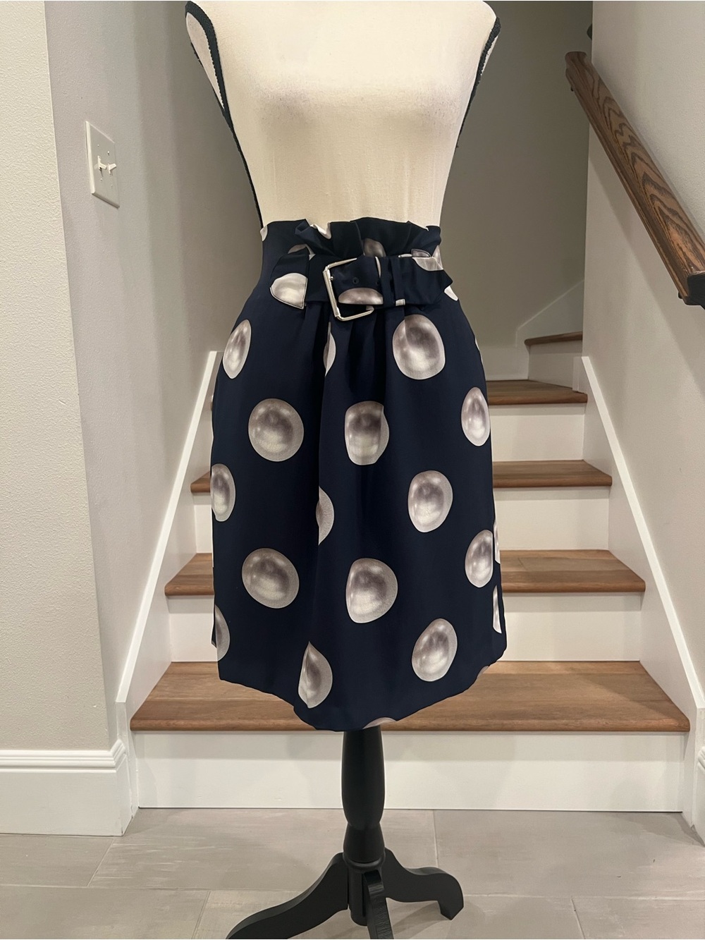 Moschino Navy A-Line Silk Skirt with Silver Polka Dots